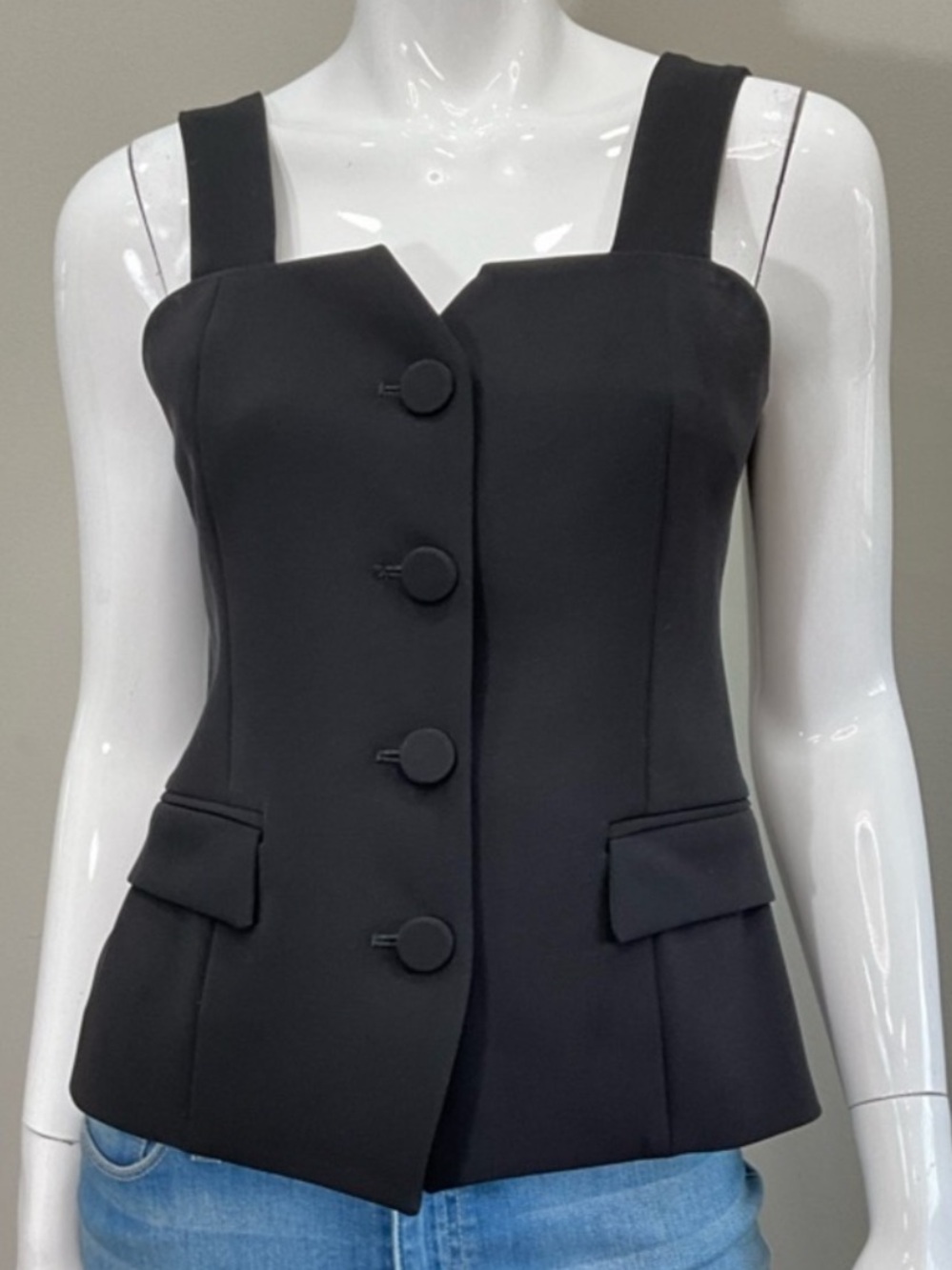 DREW Billie Black Tailored Vest Top Square Neck Button Front Size S